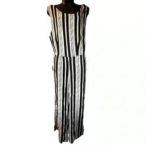 Angie Sz L Criss Cross Tie Back Long Romper Blk/Wht Stripe Straight Baggy Leg